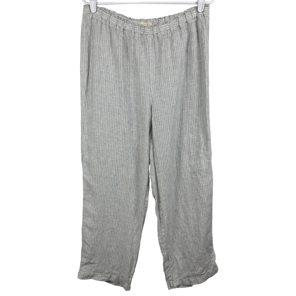 Eileen Fisher Women's Pants M Gray White‎ Striped Linen Elastic Waist Casual